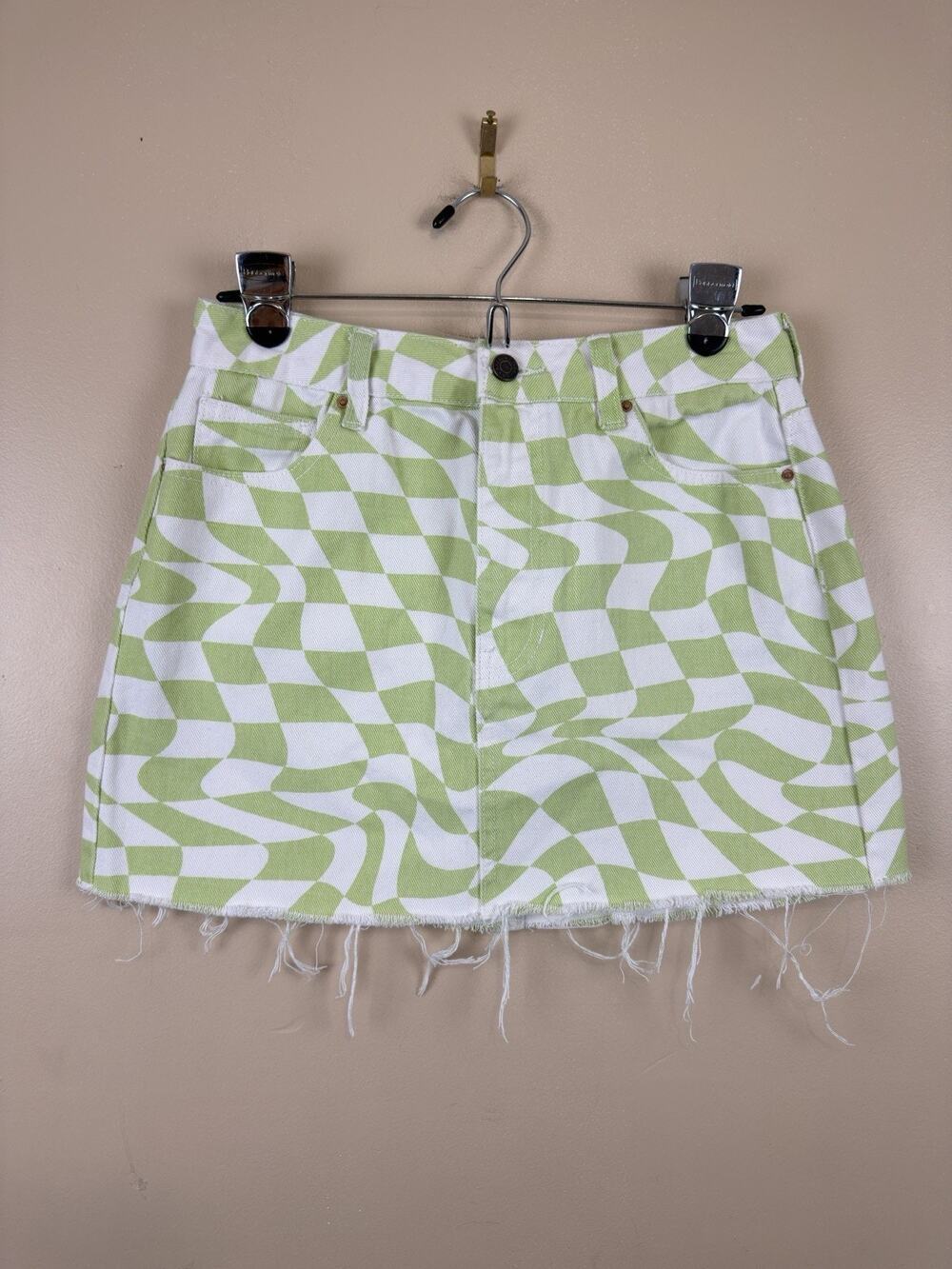 Pacsun Women’s Geometric Denim Mini Skirt Jean Raw Hem Button Zip Distressed 27